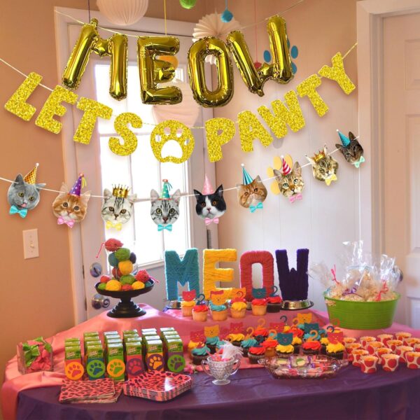 LaVenty Funny Cat Birthday Meow Balloons Lets Pawty Banner Meow Let's Pawty Banner Pet Kitten's Birthday Party Backdrops Pet Cats Party Supplies Photo Props - Image 6