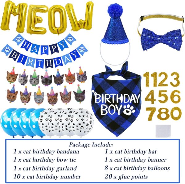 STMK Cat Birthday Party Supplies, Cat Birthday Hat Bandana Bow Tie Collar Birthday Number Cat Birthday Banner Garland MEOW Letter Balloons for Cat Kitten Birthday Outfits Decorations - Image 3