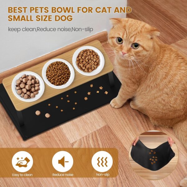 Otoomenz 3PCS Cat Bowl, Ceramic Cat Food Bowls With 15° Tilted Wood Stand,Raised Cat Bowls for Food and Water, Bamboo Cat Feeding Station with Cat Food Mat for Cats and Puppy - Image 2