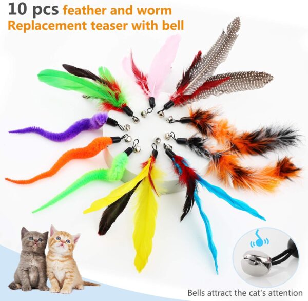 Hianjoo Cat Feather Teaser Set 12 pcs, Interactive Toys for Cats 2 Retractable Cat Wand Funny Sticks and 10 Replacement Feather Toys with Bell for Kitten Cat Catcher Having Fun Exercise Playing - Image 2