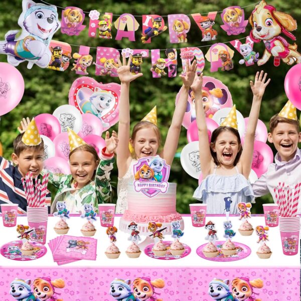 Birthday Decorations,109PCS Paw Dog Party Decorations Kids' Party Tableware Set, Pink Birthday Party Supplies with Birthday Banner, Cake Topper, Balloons, Plates, Napkins, Cups,Straws and Tablecloths - Image 2