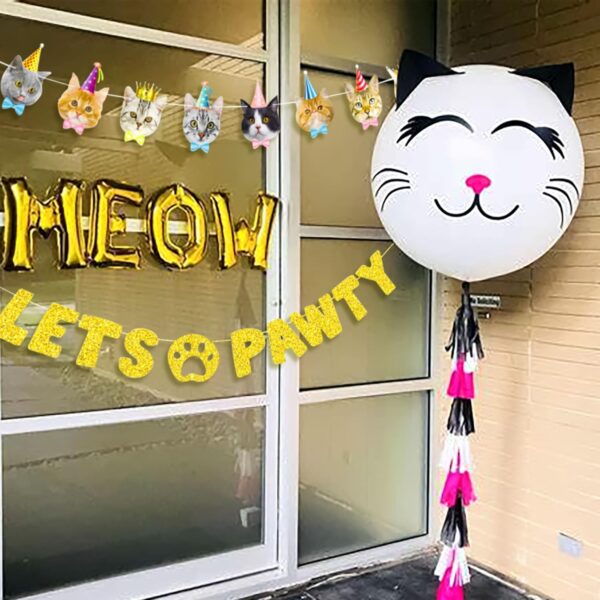 LaVenty Funny Cat Birthday Meow Balloons Lets Pawty Banner Meow Let's Pawty Banner Pet Kitten's Birthday Party Backdrops Pet Cats Party Supplies Photo Props - Image 5