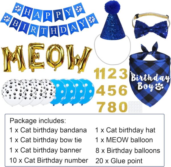 JOTFA Cat Birthday Party Supplies, Kitten Bandana with Hat Bow Tie Number Banner Balloons Meow Letter for Decorations, Blue - Image 3