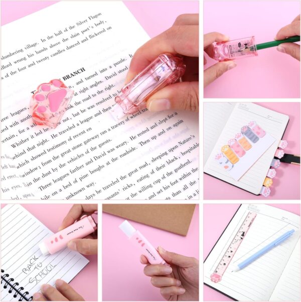 TIESOME Cute Cat Paw Stationery Set, 7 Pcs Kawaii Cartoon School Supplies Includes Sharpener Retractable Eraser Correction Tape Sticky Notes Ruler Eraser Replacement Core for Cat Lovers Students - Image 2