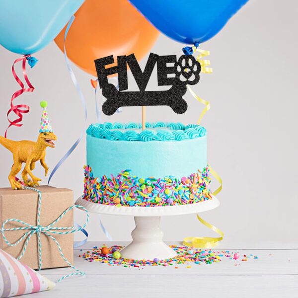 Blumomon 2Pcs Dog Five Cake Toppers Black Glitter Dog Paw Five Birthday Cake Decorations for Puppy Dog Theme Baby Shower Kids Boys Girls 5th Birthday Party Supplies - Image 6