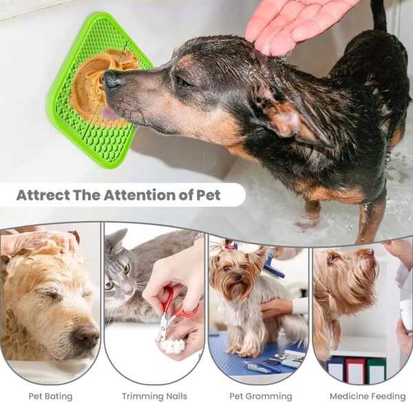 Q Lines® Licky Mats for Dogs - 2 Pack Slow Feeder with Strong Suction Cups - Soothes Anxiety, Promotes Dental Health - Includes Spatula & Brush - Perfect for Bathing, Grooming, Training (Blue, Green) - Image 4