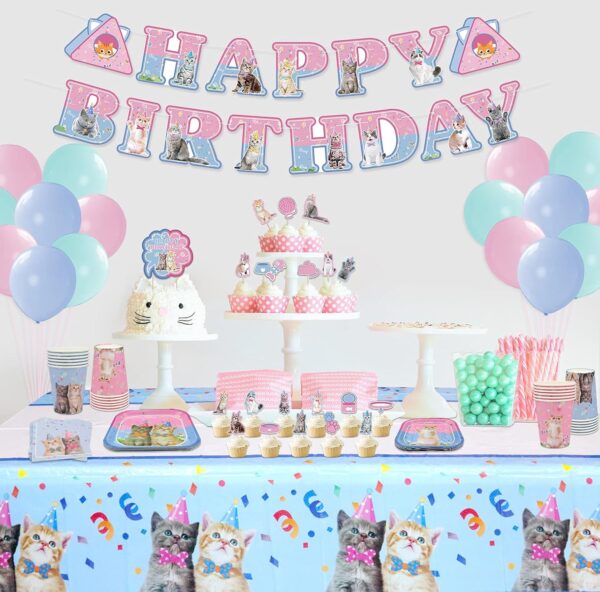 Cat Party Supplies Set, Kitten Dinnerware Including Happy Birthday Banner Macaron Balloons Dinner Plates Dessert Plates Napkins Cups Cutlery Cupcake Toppers - Serves 20 - Image 6