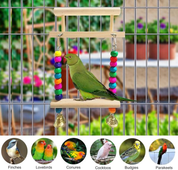 TeTupGa Bird Perches Cage Toys, Parrot Wooden Platform Stand with Swing Bell Swing Hanging Standing Chewing Toy Bird Cage Accessories for Parakeet, Cockatiels, Conures, Budgie, Lovebird - Image 2