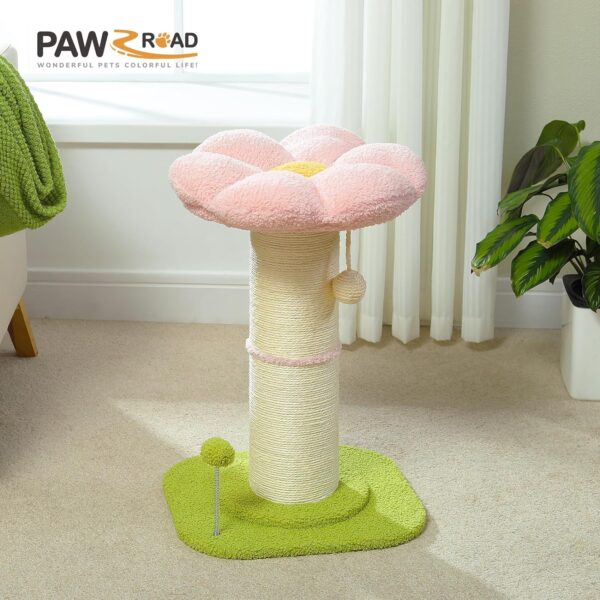 PAWZ Road Flower Cat Scratching Post, Small Cat Tree, Tall Cat Scratcher for Indoor Cats with Super Thick Scratching Post [Dia=14cm], Removable Flower Cat Bed, Cat Scratch Post with Spring Ball, Pink - Image 3