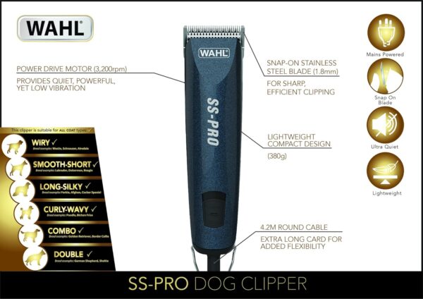 Wahl Dog Clippers, SS Pro Premium Dog Grooming Kit, Full Coat Dog Grooming Clippers for All Coat Types, Low Noise Corded Pet Clippers, Powerful and Quiet - Image 2