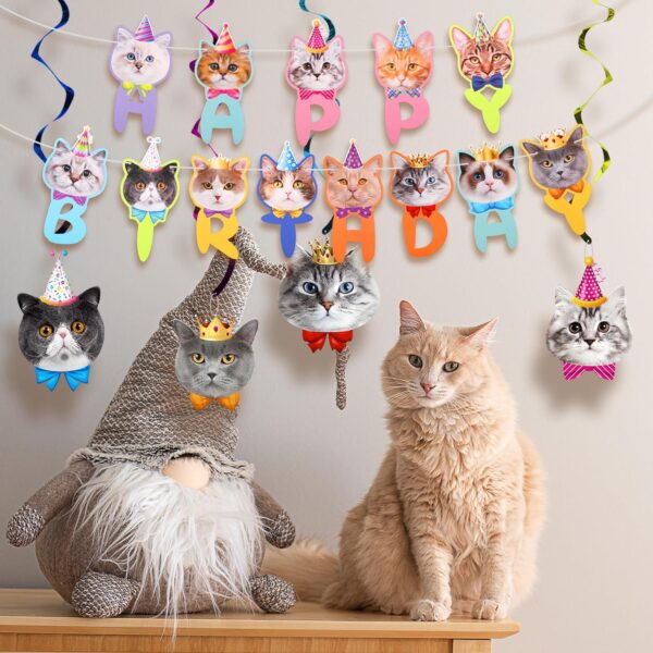 17pcs Cat Birthday Party Supplies, Cat Party Decorations Including Happy Birthday Banner Hanging Swirl Birthday Cake Topper Cupcake Topper for Cat Theme Party Birthday Party - Image 6