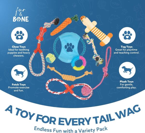 Fur & Bone 10 Pack Dog Chew Toys | Puppy Toys Dog Toys for Boredom | Indestructible Dog Toys with Rope Toys, Squeaky Toy | Dog Toy, Dog Teething Toys for Small & Medium Dogs | Dog - Image 2