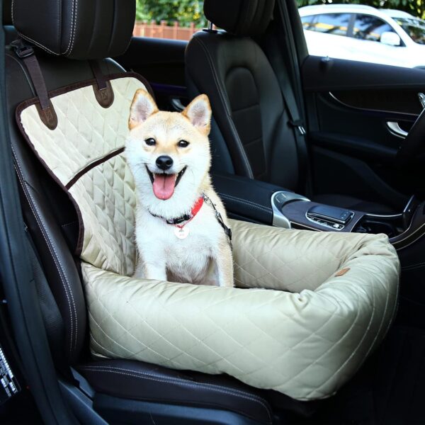 HAPPY HACHI Dog Bed Car Seat Cover Pet Car Booster Seat 2 in 1 Front Back Protector Pet Lookout Portable Car Seat Travel Vehicle Carrier with Thick Kennel and Safety Strap(Beige) - Image 8