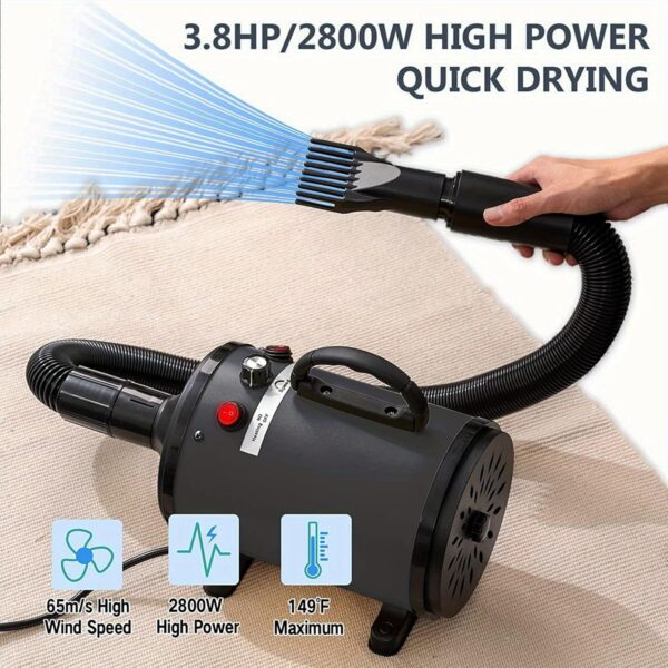 AHWOiHS Dog Hair Dryer Dog Grooming Dryer 2800W Dog Blaster Dryer Pet Dryer Blower Stepless Speed Professional Pet Grooming Hair Dryer with 4 Different Nozzles for Dog Cat (Black) - Image 2