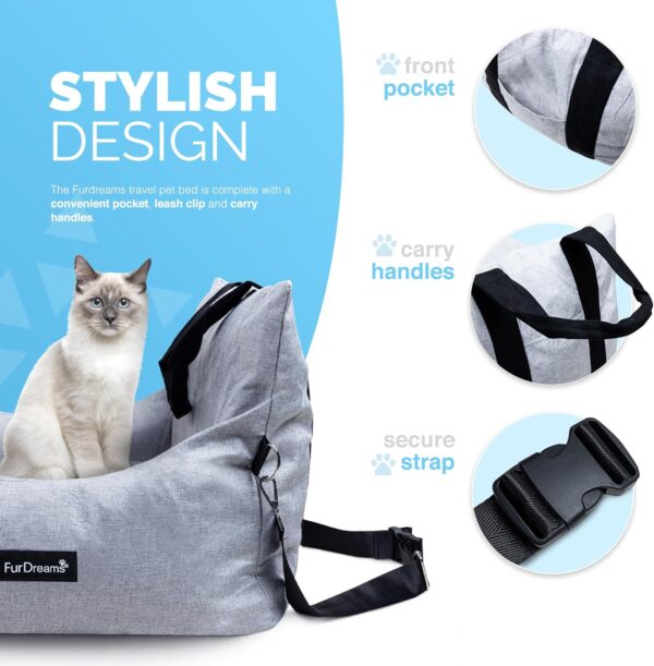 Furdreams Cosy Travel Pet Bed - Portable Car Seat Booster & Carrier - Short & Long Strap, Pocket, Leash, Removable Cushion & Waterproof Base - For Dog & Puppy Indoor & Outdoor Comfort - Up to 10kg - Image 4