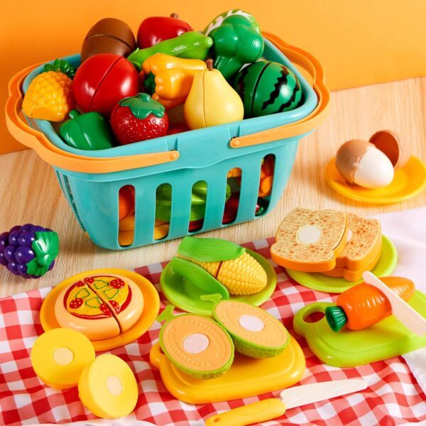 JOYIN 71Pcs Cutting Play Food Toy for Toddlers Kitchen, Fake Food for Kids Play Kitchen, Includes Plastic Fruit &Vegetables, Storage Basket, Mini Dishes and Knife, Pretend Play Toys, Toddler Gifts - Image 6