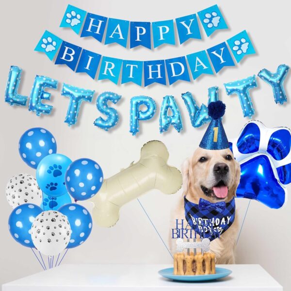 Dog Birthday Decorations, Dog Birthday Plaid Bandana Bow Tie Hat Happy Birthday Banner Lets Pawty Balloon Banner Bone Paw Foil Balloon Cake Topper Latex Balloons for Pets Dog Birthday Party Supplies - Image 5