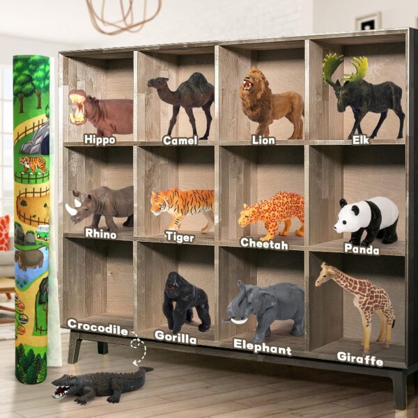 FRUSE Safari Animals Figures Toys w/ 145x98cm Jumbo Play Mat,12PCS Realistic Jungle Wild Zoo Animals Figurines Playset with Panda,Lion,Elephant,Educational Learning Toys Gifts for Toddlers Kids - Image 3