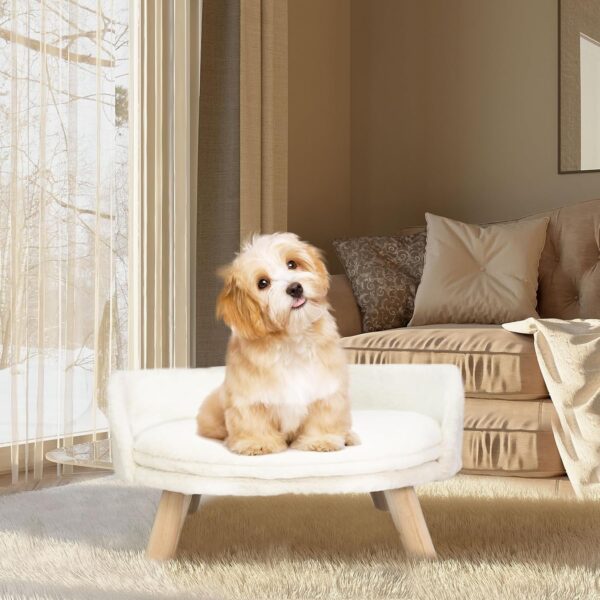 BingoPaw Cat Sofa Chair Bed: Elevated Nordic Pet Stool Bed with Removable Waterproof Mat - Raised Plush Fur Dog Kitten Couch with Wooden Legs Frame (Dia 60cm) - Image 4