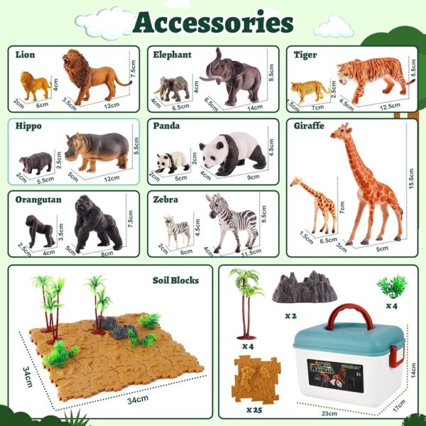 TOEY PLAY 52PCS Animal Figures Toys for Kids, Large and Small Wild Jungle Safari Animals Zoo Toy, Animal Mother and Child Set, Soil Blocks, Carry Case, Gifts for Kids Toddlers 3+ Years Old - Image 5