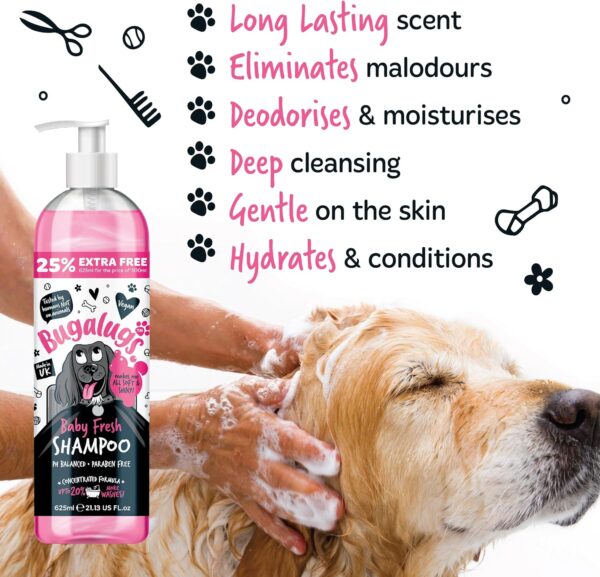 BUGALUGS Baby Fresh Dog Shampoo dog grooming shampoo products for smelly dogs with baby powder scent, best puppy shampoo baby fresh, shampoo conditioner, Vegan pet shampoo professional (625ml) - Image 3