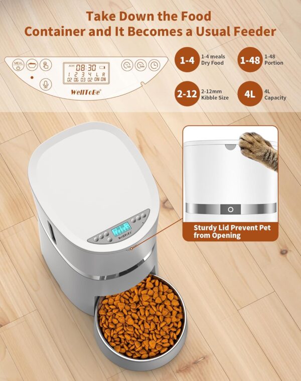 WellToBe Automatic Cat Feeder for Wet Food with Ice Pack and Freshness Dry Food Desiccant for Cats and Small Dogs, Timed Automatic Pet Feeder with Voice Recorder, 1-6 Meals Control, Dual Power Supply - Image 3