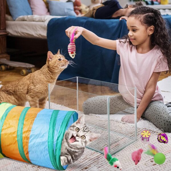 21 PCs Cat Indoor Interactive Toys Kitten Toys Including Three-Hole Tunnel Teaser Wand Golf with Feather Balls and mice - Image 6