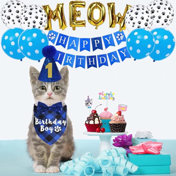 JOTFA Cat Birthday Party Supplies, Kitten Bandana with Hat Bow Tie Number Banner Balloons Meow Letter for Decorations, Blue - Image 2