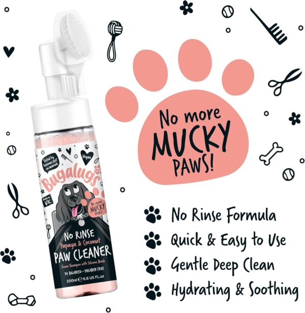 Bugalugs Dog Paw Cleaner No Rinse Foam Cat & Dog shampoo with Silicone Brush Head, waterless grooming products. Travel friendly paw cleaner for dogs defeat muddy paws on the go (Papaya & Coconut) - Image 6