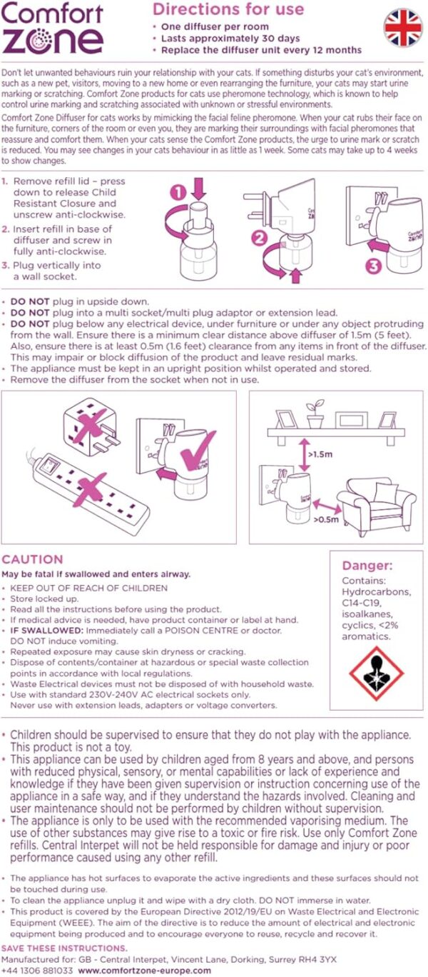 Comfort Zone Calming Pheromone Diffuser Starter Kit, for a Calm Single or Multi-Cat Home, Reduces Stress, Spraying, Scratching & Other Problematic Behaviours, 1 Diffuser & 1 Refill - Image 11