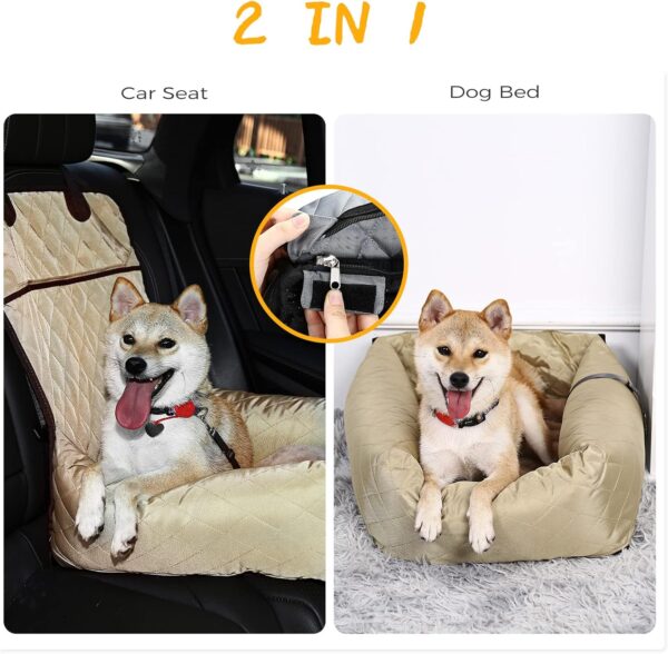 HAPPY HACHI Dog Bed Car Seat Cover Pet Car Booster Seat 2 in 1 Front Back Protector Pet Lookout Portable Car Seat Travel Vehicle Carrier with Thick Kennel and Safety Strap(Beige) - Image 3