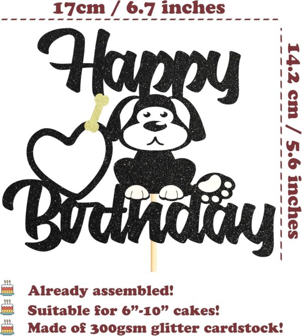 Sotpot Dog Puppy Happy Birthday Cake Topper 1 PCS Black Glitter Pet Theme Bday Party Cake Supplies for Dog Sign Theme Baby Shower Kids Birthday Supplies - Image 2