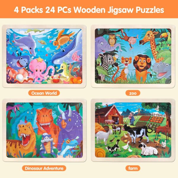 Wooden Dinosaur Animals Sea World Farm Jigsaw Puzzles Toys for Kids 2 3 4 5 6 Year Olds, 4x24 Pcs Jigsaws Puzzle Board for Toddler, Educational Toys Game for 3+ Year Old Easter Gifts for Boys Girls - Image 3