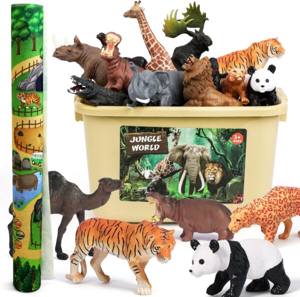 FRUSE Safari Animals Figures Toys w/ 145x98cm Jumbo Play Mat,12PCS Realistic Jungle Wild Zoo Animals Figurines Playset with Panda,Lion,Elephant,Educational Learning Toys Gifts for Toddlers Kids - Image 2