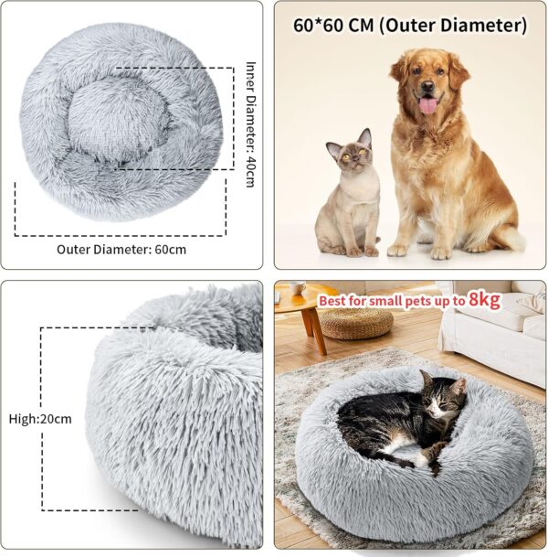 TOHDNC Cat Dog Calming Bed, Round Soft Fluffy Plush Pet Bed with Non-Slip Bottom Kitten Dog Nest Washable (Light Grey 60cm) - Image 2