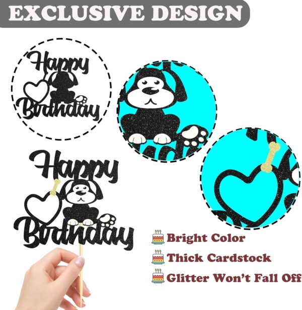 Sotpot Dog Puppy Happy Birthday Cake Topper 1 PCS Black Glitter Pet Theme Bday Party Cake Supplies for Dog Sign Theme Baby Shower Kids Birthday Supplies - Image 3