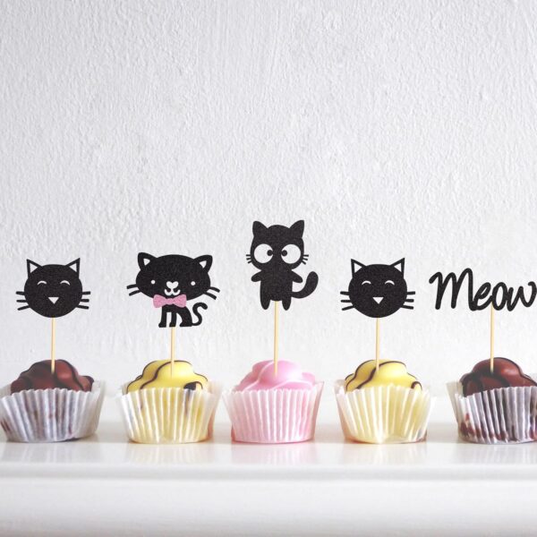 Arthsdite 24Pcs Cat and Meow Cupcake Toppers Kitten Cat Cupcake Food Picks Cat Lover Kitten Theme Baby Shower Kids Birthday Wedding Party Cake Decorations Supplies - Black Glitter - Image 7