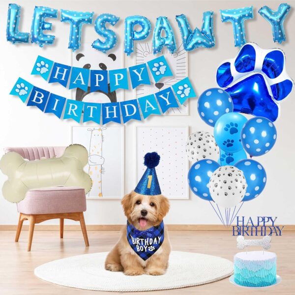 Dog Birthday Decorations, Dog Birthday Plaid Bandana Bow Tie Hat Happy Birthday Banner Lets Pawty Balloon Banner Bone Paw Foil Balloon Cake Topper Latex Balloons for Pets Dog Birthday Party Supplies - Image 4