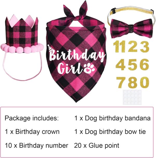 JOTFA Dog Birthday Party Supplies, Plaid Dog Birthday Bandana Girl with Dog Birthday Number Crown Hat Bowtie for Small Medium Dogs Birthday Outfit (Pink, Bandana & Hat & Bow Tie & Number) - Image 3