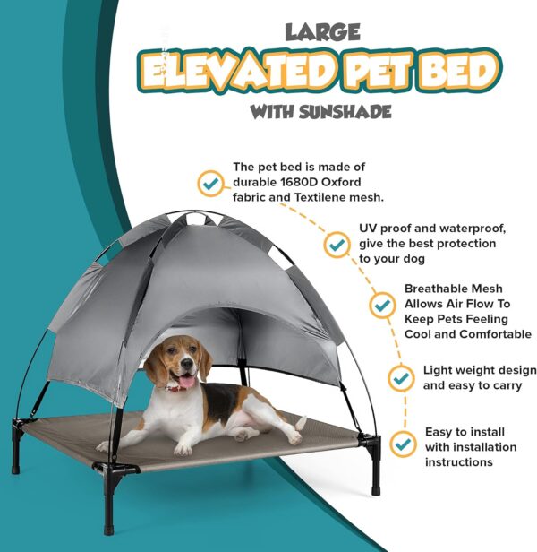 Petlicity Elevated Dog Bed with Canopy Shade Portable Raised Cooling Ideal for Camping Home Garden Waterproof Washable & Breathable Oxford Fabric (Large) - Image 2