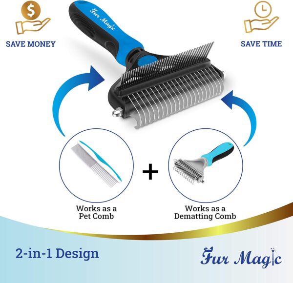 Fur Magic Deshedding and Dematting Comb Double Sided Undercoat Rake Pet Grooming Brush Removing Mats, Knots & Tangles for Dogs and Cats with Long and Medium Hair, Blue - Image 3