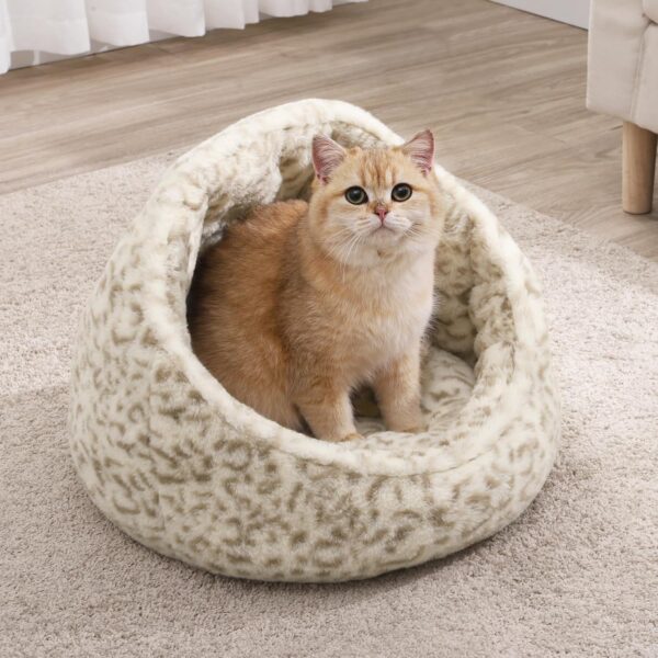 YITAHOME Cat Beds Fluffy Cat Bed Pet Bed for Indoor Cats, Washable Non-Slip Cat Nest, Cat Nesting Bed, with Removable Washable Cushion Pillow, Kitten Bed, Cat Sofa Bed, 43x41x35cm (White Light Brown) - Image 2