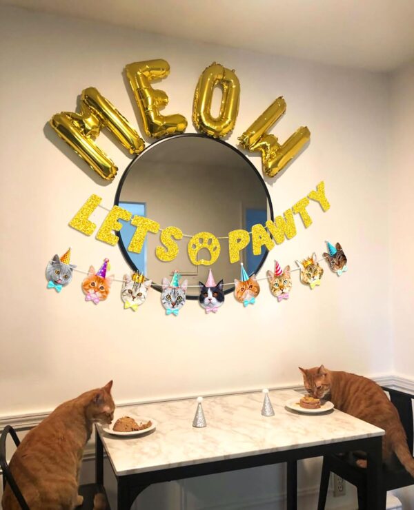 LaVenty Funny Cat Birthday Meow Balloons Lets Pawty Banner Meow Let's Pawty Banner Pet Kitten's Birthday Party Backdrops Pet Cats Party Supplies Photo Props - Image 4