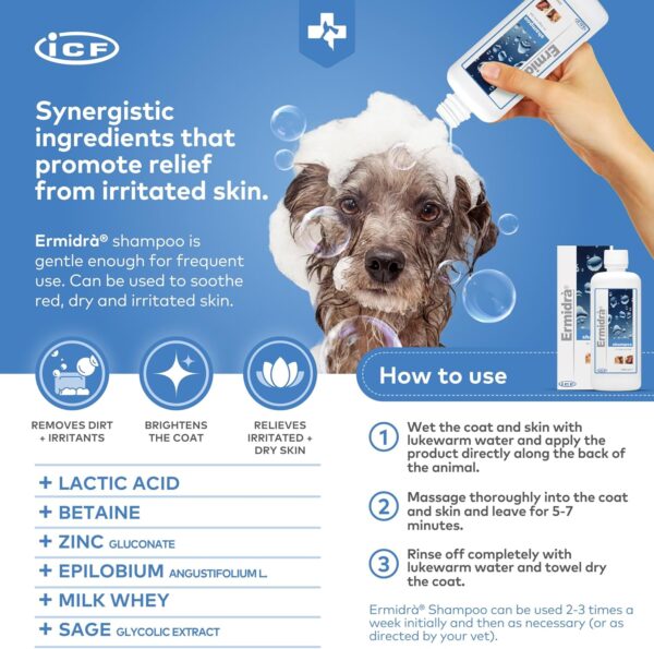 ICF | Ermidra Dog Shampoo For Itchy Skin Relief | Detangle Brittle Fur | Removes Bad Odours | Dog Shampoo And Conditioner For Pets With Sensitive Skin - Image 6