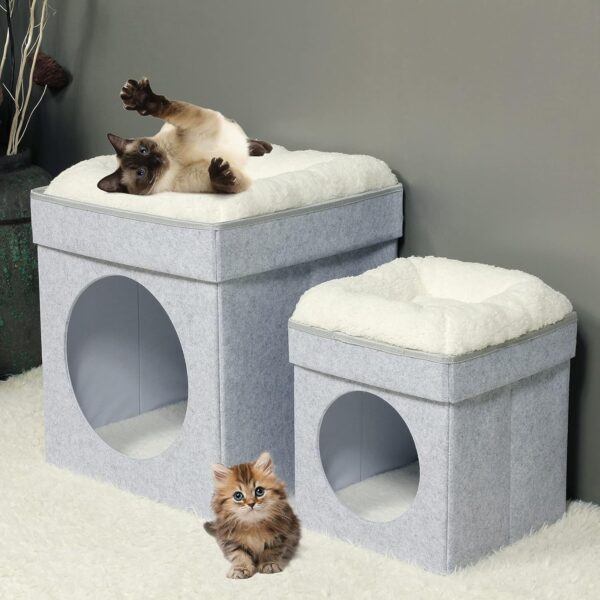 Bonlife Felt Cat House Indoor,Foldable Pets Bed Small Cave Kennel with Two Move Cushion,Winter Dog Bed Warm Comfortable,Light Grey,32X32X39CM - Image 6