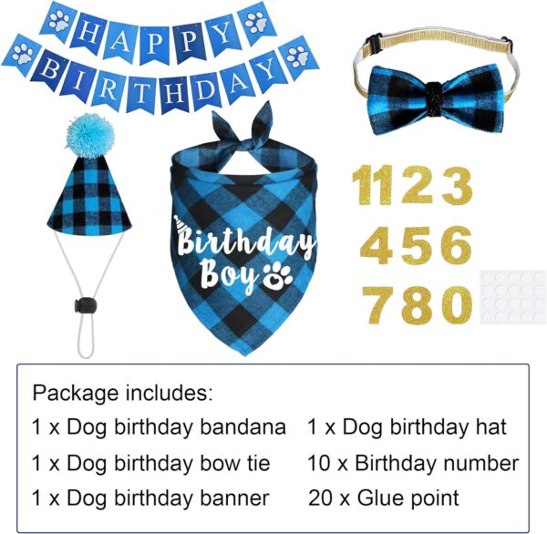 JOTFA Dog Birthday Party Supplies, Plaid Dog Birthday Boy Bandanas with Dog Birthday Party Hat Bow Tie Birthday Number for Small Medium Large Dogs Pets (Light Blue) - Image 3