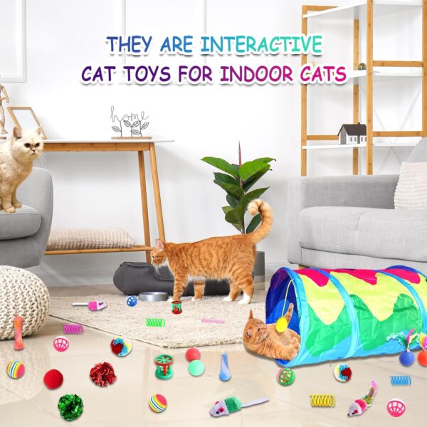 32 Pcs Cat Interactive Toys Indoor Cat Foldable Tunnel Toy Set, Cat Toy Tunnel, Plush Balls, Crinkle Balls, Fluffy Mice, Feather Lures,Cat Teasing Sticks,Cat Toy Supplies - Image 3