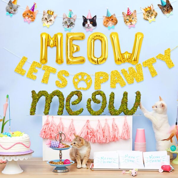 LaVenty Funny Cat Birthday Meow Balloons Lets Pawty Banner Meow Let's Pawty Banner Pet Kitten's Birthday Party Backdrops Pet Cats Party Supplies Photo Props - Image 7