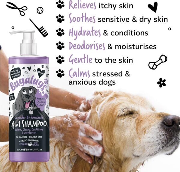 Dog Shampoo by Bugalugs lavender & chamomile 4 in 1 dog grooming shampoo products for smelly dogs, best puppy shampoo, professional groom Vegan pet shampoo & conditioner (1x500ml) - Image 3