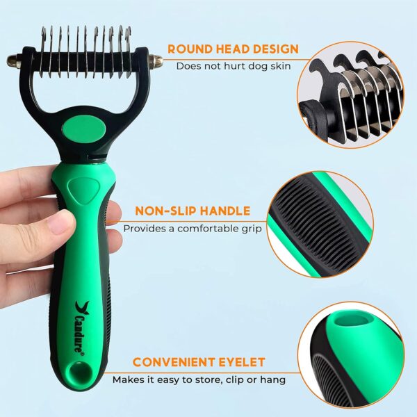 Candure Dematting Comb for Dog and Cat, Pet Grooming Rake and Brushes for Small & Medium Dogs 11+6 Double Sided Blade Deshedding Tool Removes Knots, Undercoat, Mats and Tangled Hair (Green) - Image 2